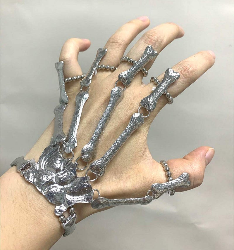 Sither Cathercing Halloween Wristband Skull Fingers Metal Skeleton Hand Bracelet with Ring for Women and Men on Party(silver) - Image 2
